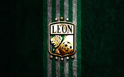 Club Leon golden logo, 4k, green stone background, Liga MX, mexican football club, Club Leon logo, soccer, Club Leon emblem, Club Leon, football, Leon FC
