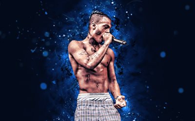 XXXTentacion, 4k, blue neon lights, music stars, american rappers, creative, XXXTentacion with microphone, Jahseh Dwayne Onfroy, american celebrity, XXXTentacion art, blue abstract background, XXXTentacion 4K