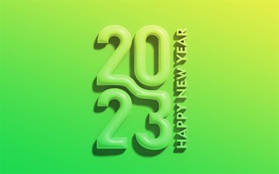 4k, 2023 Happy New Year, green 3D digits, vertical inscription, 2023 concepts, minimalism, 2023 3D digits, Happy New Year 2023, creative, 2023 green background, 2023 year