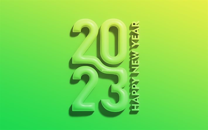 4k, 2023 feliz año nuevo, dígitos 3d verdes, inscripciones verticales, 2023 conceptos, minimalismo, 2023 dígitos 3d, feliz año nuevo 2023, creativo, 2023 fondo verde, 2023 año