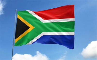 South Africa flag on flagpole, 4K, African countries, blue sky, flag of South Africa, wavy satin flags, South African flag, South African national symbols, flagpole with flags, Day of South Africa, Africa, South Africa flag, South Africa