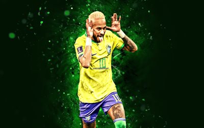 neymar, 4k, catar 2022, selección de brasil, fútbol, futbolistas, luces de neón verdes, neymar jr, equipo de fútbol brasileño, neymar 4k