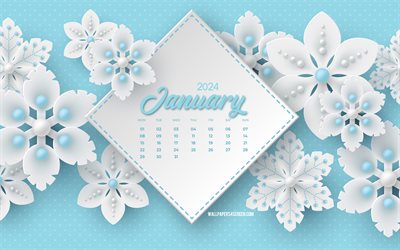 tammikuu 2024 kalenteri, 4k, valkoinen 3d  lumihiutaleet tausta, 2024 käsitteet, sininen 3d  talvitausta, tammikuu, valkoiset 3d  lumihiutaleet, 2024 tammikuun kalenteri, talvitausta, 2024 kalenterit