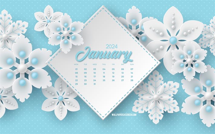 janeiro de 2024 calendário, 4k, fundo de flocos de neve 3d brancos, 2024 conceitos, antecedentes de inverno 3d azul, janeiro, flocos de neve 3d brancos, 2024 calendário de janeiro, antecedentes de inverno, 2024 calendários