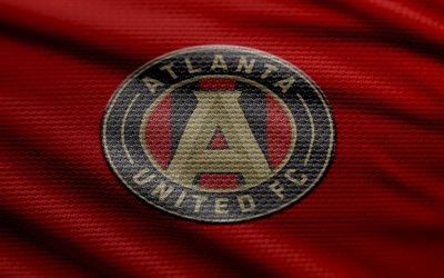 logotipo de atlanta united fabric, 4k, fondo de tela roja, mls, bokeh, fútbol, logotipo de atlanta united, fútbol americano, atlanta united emblem, atlanta united, american soccer club, atlanta united fc