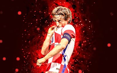 Luka Modric, 4k, red neon lights, Croatia National Team, soccer, footballers, red abstract background, Croatian football team, Luka Modric 4K