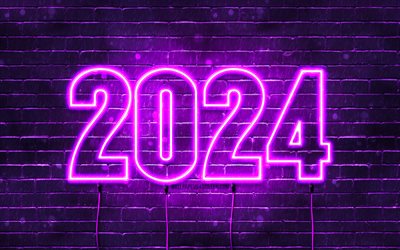 4k, felice anno nuovo 2024, violet brickwall, 2024 concetti, 2024 cifre neon viola, 2024 felice anno nuovo, arte al neon, creativo, 2024 violet background, 2024 anni, 2024 cifre viola