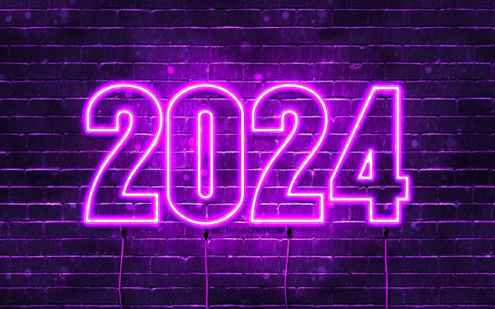4k, felice anno nuovo 2024, violet brickwall, 2024 concetti, 2024 cifre neon viola, 2024 felice anno nuovo, arte al neon, creativo, 2024 violet background, 2024 anni, 2024 cifre viola