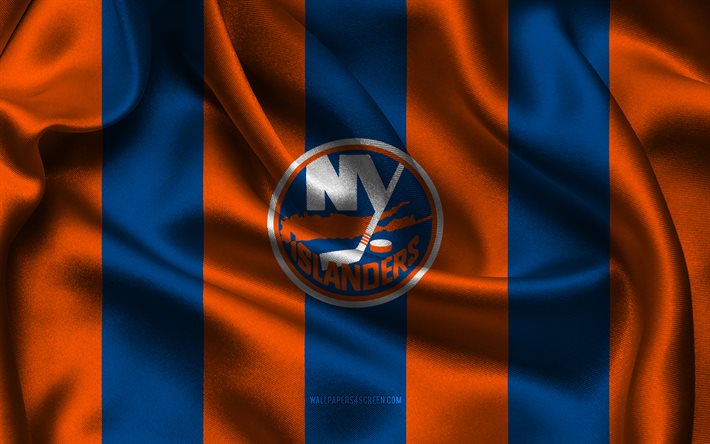 4k, new york islanders logosu, mavi turuncu ipek kumaş, amerikan hokey takımı, new york adalıları amblemi, nhl, new york adalıları, amerika birleşik devletleri, hokey, new york islanders bayrağı