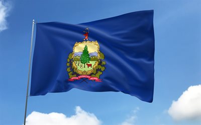 Vermont flag on flagpole, 4K, american states, blue sky, flag of Vermont, wavy satin flags, Vermont flag, US States, flagpole with flags, United States, Day of Vermont, USA, Vermont