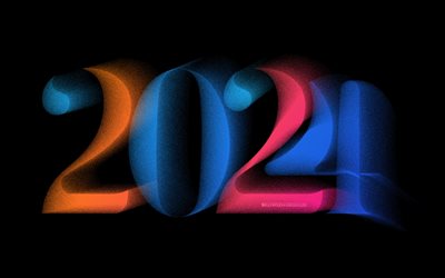 4k, 2024 feliz ano novo, minimalismo, 2024 anos, dígitos coloridos de glitter, 2024 conceitos, criativo, 2024 dígitos de glitter, 2024 fundo preto, feliz ano novo 2024
