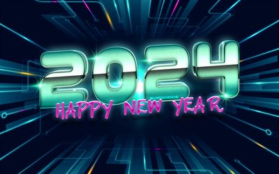 4k, 2024 새해 복 많이 받으세요, 디지털 아트, 3d 자리, 2024 초록 숫자, 기술, 2024 년, 작품, 2024 개념, 2024 3d 자리, 새해 복 많이 받으세요 2024, 창의적인, 2024 초록 배경