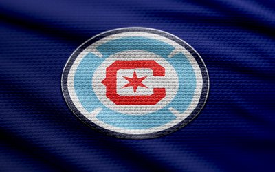 chicago fire fc fabric logo, 4k, blå tygbakgrund, ml, bokhög, fotboll, chicago fire fc  logotyp, chicago fire fc emblem, chicago eld, amerikansk fotbollsklubb, chicago fire fc