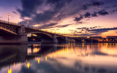 margaret  silta, 4k, auringonlasku, unkarin kaupungit, budapest, unkari, eurooppa, budapestin maamerkit, budapestin kaupunkikuva