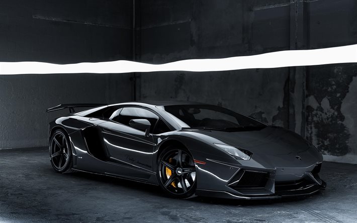 supercars, Lamborghini Aventador, garage, gray lamborghini