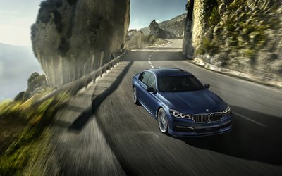 la carretera, la velocidad, el 2017, el BMW Alpina B7, xDrive, sedanes, azul BMW
