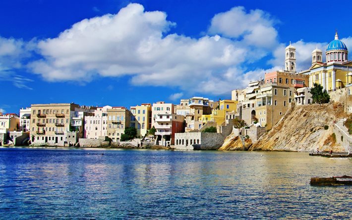 Grecia, verano, mar, costa, paisajes urbanos