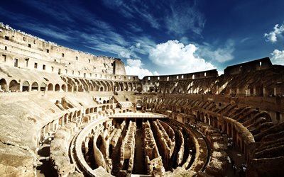 Roma, Italia, Colosseo, Monumenti Italia, cielo blu, arena per gladiatori