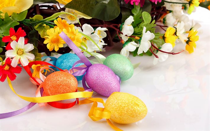 De pascua, huevos de Pascua, flores, decoraciones de Pascua