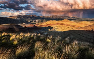 mountain, valley, rain, clouds, sunset, США, штат, Орегон