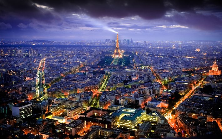 프랑스, 파리, 파노라마, 저녁 도시, 본, 구름, 에펠 타워