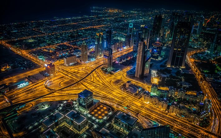 संयुक्त अरब अमीरात, रात, रोशनी, दुबई, गगनचुंबी इमारतों, सड़कों, पैनोरमा
