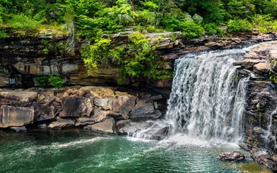 waterfall, lake, stones, rock, stream