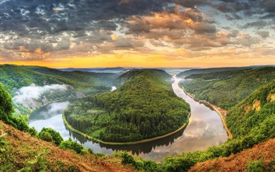 nehir, orman, Gün batımı, yeşil ağaçlar, Almanya, Mettlach Saar
