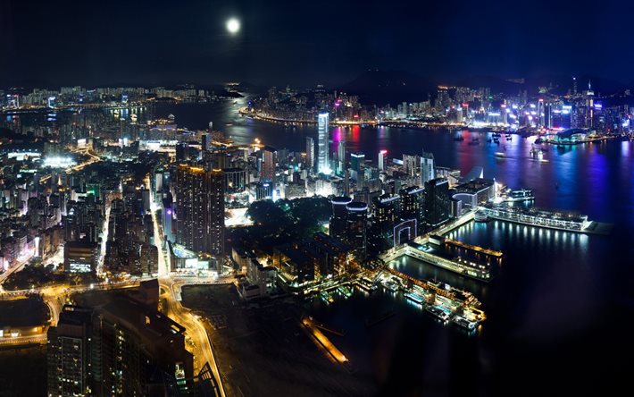 rascacielos, noche, bahía, metropolitana, Hong Kong