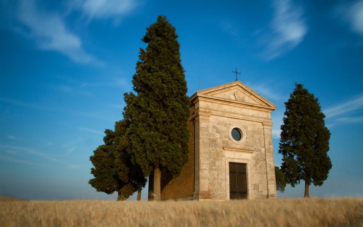 wheat field, summer, chapel, blue sky, Italy, Sky, Field