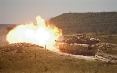 m1エイブラムス, アメリカのタンク, タンクのショット, 炎, 火, 米国陸軍