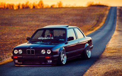low rider, BMW Série 3, E30, tuning, route, black m3, position, BMW