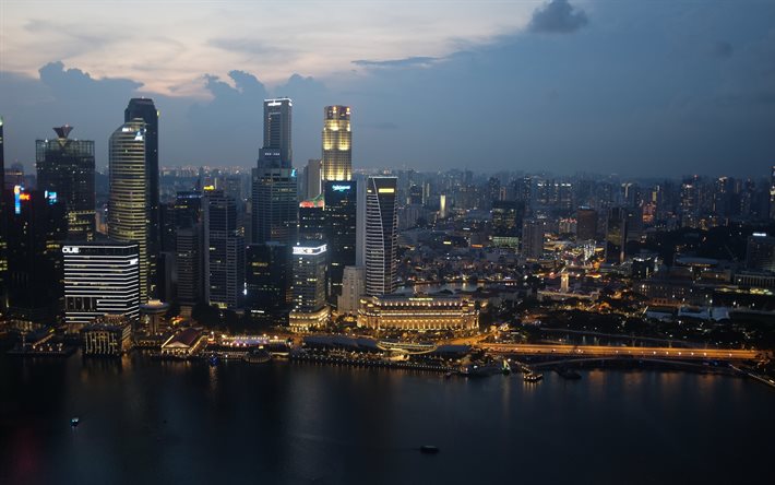 Singapur, noche, rascacielos, la bahía, el panorama de la ciudad