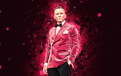 Daniel Craig, 4k, purple neon lights, english actor, purple suit, movie stars, Hollywood, picture with Daniel Craig, english celebrity, Daniel Craig 4K