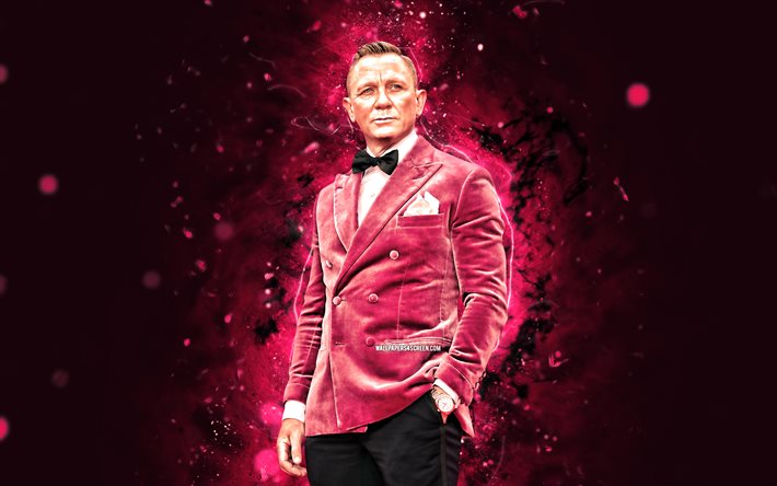 Daniel Craig, 4k, purple neon lights, english actor, purple suit, movie stars, Hollywood, picture with Daniel Craig, english celebrity, Daniel Craig 4K