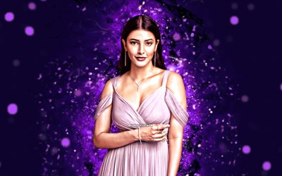 Shruti Haasan, 4k, violet neon lights, indian actor, Bollywood, movie stars, artwork, picture with Shruti Haasan, indian celebrity, Shruti Haasan 4k