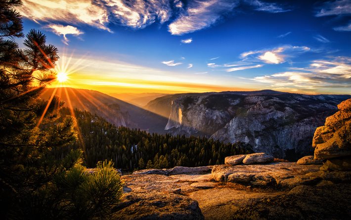 अमेरिका, सूर्यास्त, गर्मी, Yosemite राष्ट्रीय उद्यान, जंगल, पहाड़, California, संयुक्त राज्य अमेरिका