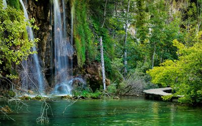 chute d'eau, lac, Lacs de Plitvice, le parc, le rock, la Croatie, le Parc National des Lacs de Plitvice