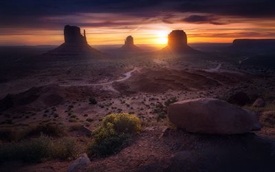 Desierto, salida del sol, Monument Valley, estados UNIDOS, cañón, maravillas de la naturaleza