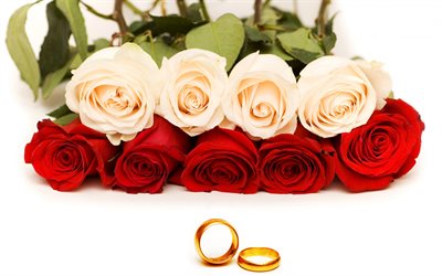 bröllop, vigselringar, röda rosor, vita rosor, guldringar, ros