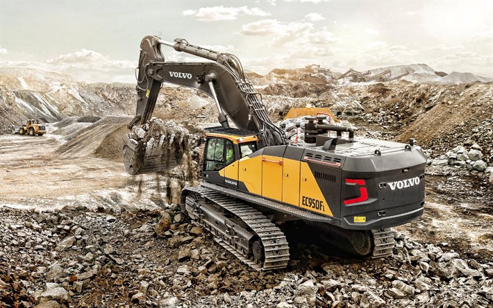 ボルボec950e, 4k, 掘削機, 建設機械, マイニングショベル, 重い掘削機, ec950e, 石の採掘, ボルボ