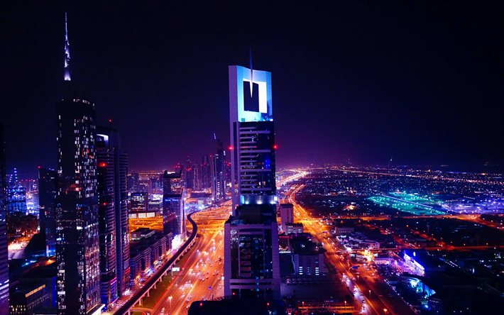 4k, dubai, chelsea tower, pilvenpiirtäjiä, yö, yhdistyneet arabiemiirikunnat, jumeirah emirates towers, dubai yöllä, uae