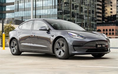 Tesla Model 3, 4k, parking, 2022 cars, electric cars, 2022 Tesla Model 3, american cars, Tesla