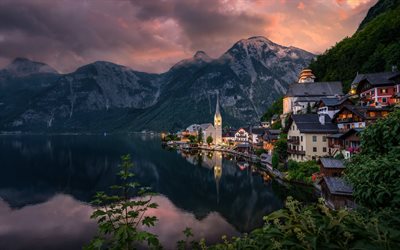 lago di hallstatt, sera, tramonto, hallstatt, alpi, paesaggio di montagna, paesaggio urbano di hallstatt, skyline di hallstatt, austria