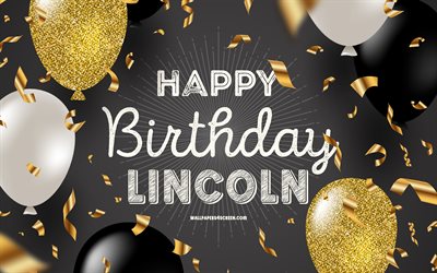 4k, 링컨 생일 축하해, 검은 황금 생일 배경, 링컨 생일, 링컨, 황금 검은 풍선