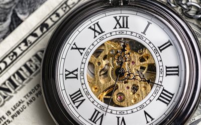 vecchio orologio da tasca, 4k, meccanismo dorato, il tempo è denaro, dollari americani, finanza, concetti di business, orologio da tasca