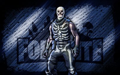 Skull Trooper Fortnite, 4k, blue diagonal background, grunge art, Fortnite, artwork, Skull Trooper Skin, Fortnite characters, Skull Trooper, Fortnite Skull Trooper Skin