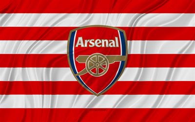 arsenal fc, 4k, punainen valkoinen aaltoileva lippu, premier league, jalkapallo, 3d kangasliput, arsenal-lippu, arsenal-logo, englantilainen jalkapalloseura, fc arsenal, the gunners
