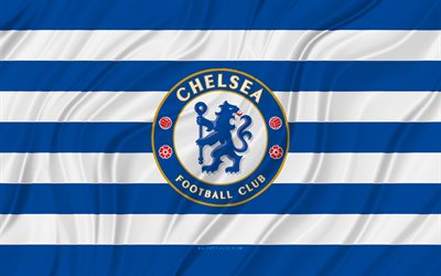 chelsea fc, 4k, sininen valkoinen aaltoileva lippu, premier league, jalkapallo, 3d kangasliput, chelsea lippu, chelsea logo, englantilainen jalkapalloseura, fc chelsea