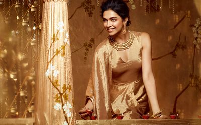 deepika padukone, indisk skådespelerska, gyllene indian sarri, fotografering, bollywood, indisk stjärna, populära skådespelerskor